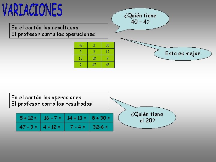 ¿Quién tiene 40 – 4? En el cartón los resultados El profesor canta las