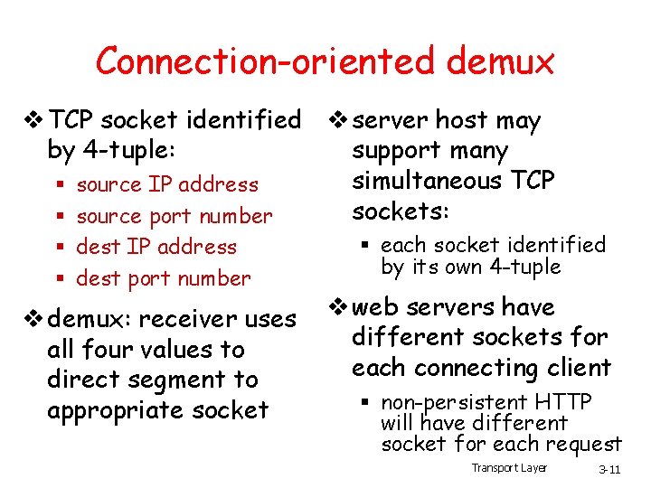 Connection-oriented demux v TCP socket identified v server host may by 4 -tuple: support