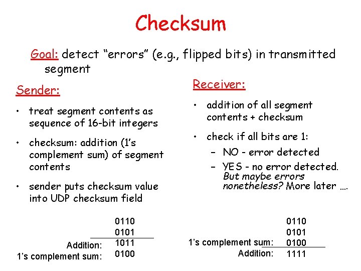 Checksum Goal: detect “errors” (e. g. , flipped bits) in transmitted segment Receiver: Sender: