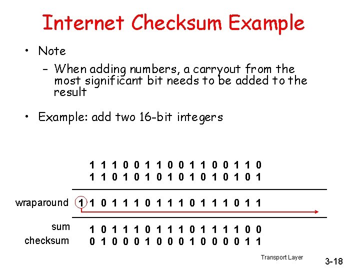 Internet Checksum Example • Note – When adding numbers, a carryout from the most