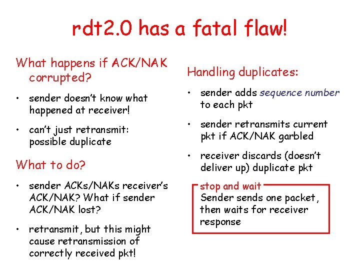 rdt 2. 0 has a fatal flaw! What happens if ACK/NAK corrupted? • sender