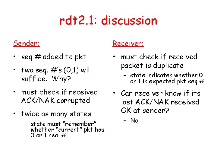 rdt 2. 1: discussion Sender: Receiver: • seq # added to pkt • must
