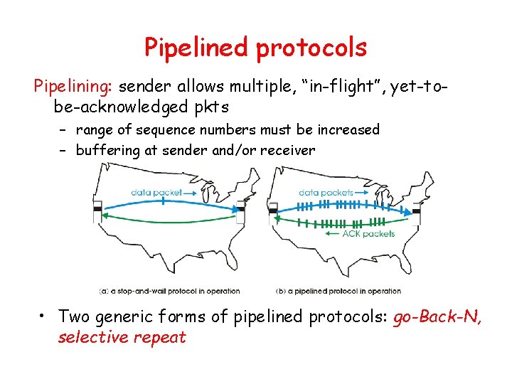 Pipelined protocols Pipelining: sender allows multiple, “in-flight”, yet-tobe-acknowledged pkts – range of sequence numbers