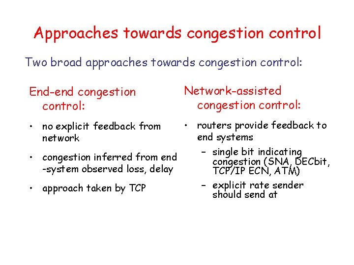 Approaches towards congestion control Two broad approaches towards congestion control: End-end congestion control: Network-assisted