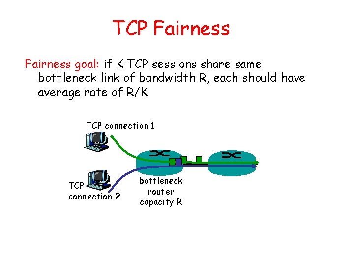 TCP Fairness goal: if K TCP sessions share same bottleneck link of bandwidth R,