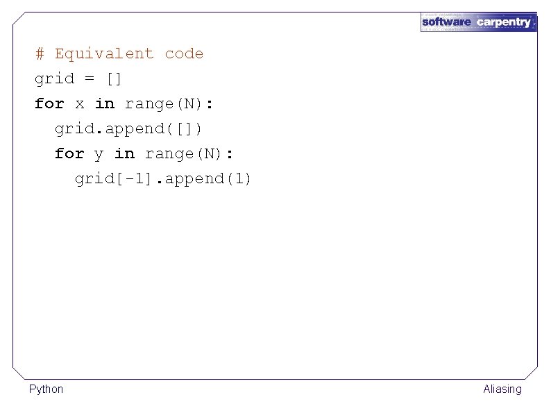 # Equivalent code grid = [] for x in range(N): grid. append([]) for y