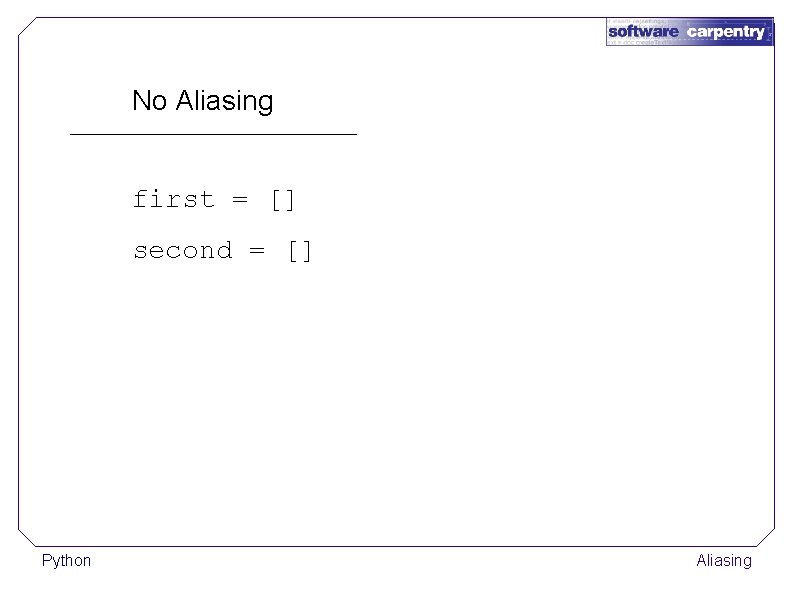 No Aliasing first = [] second = [] Python Aliasing 