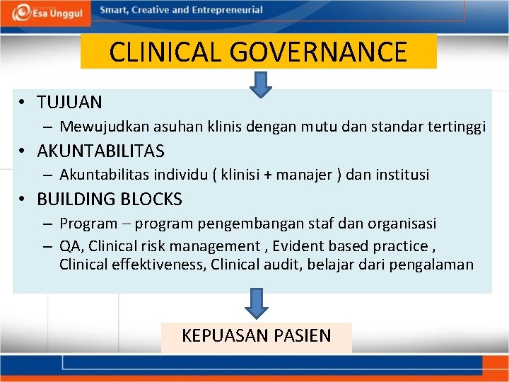 CLINICAL GOVERNANCE • TUJUAN – Mewujudkan asuhan klinis dengan mutu dan standar tertinggi •