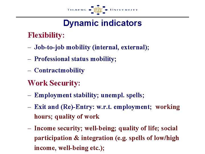 Dynamic indicators Flexibility: – Job-to-job mobility (internal, external); – Professional status mobility; – Contractmobility