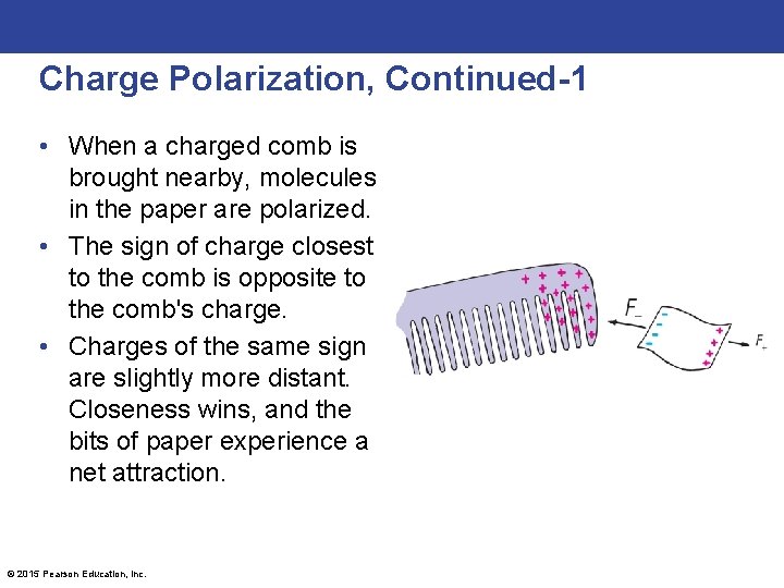 Charge Polarization, Continued-1 • When a charged comb is brought nearby, molecules in the
