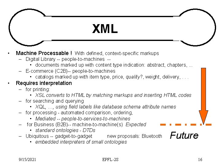 XML • Machine Processable ! With defined, context-specific markups – Digital Library -- people-to-machines