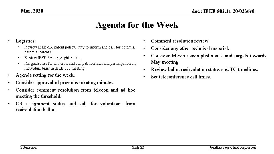 Mar. 2020 doc. : IEEE 802. 11 -20/0236 r 0 Agenda for the Week