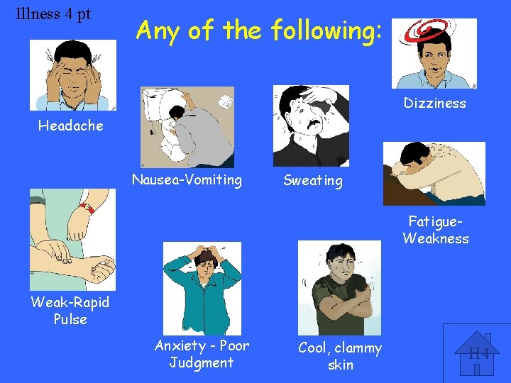 Illness 4 pt Any of the following: Dizziness Headache Nausea-Vomiting Sweating Fatigue. Weakness Weak-Rapid