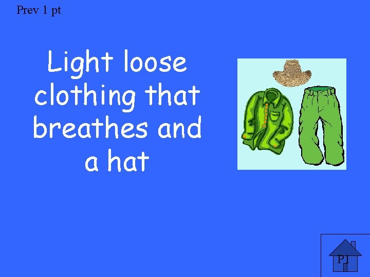 Prev 1 pt Light loose clothing that breathes and a hat P 1 