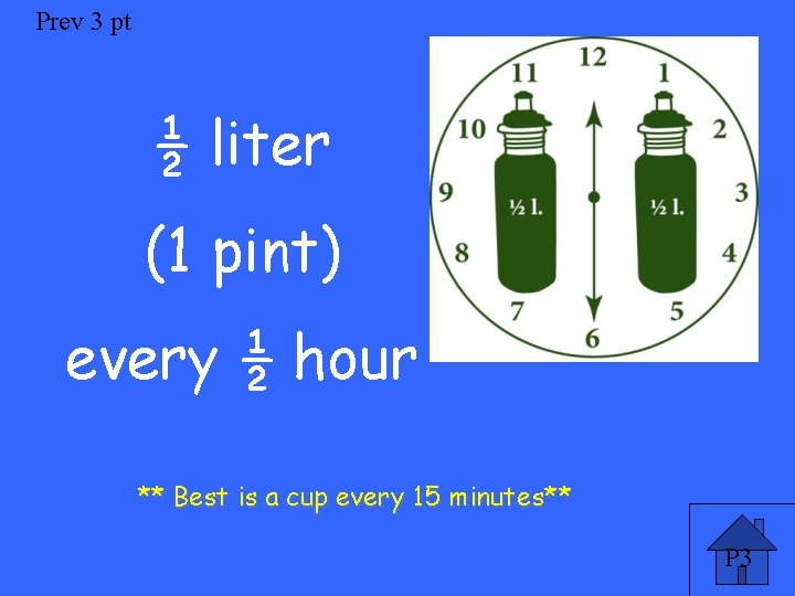 Prev 3 pt ½ liter (1 pint) every ½ hour ** Best is a