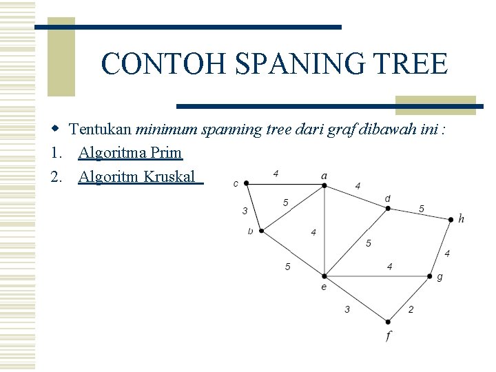 CONTOH SPANING TREE w Tentukan minimum spanning tree dari graf dibawah ini : 1.