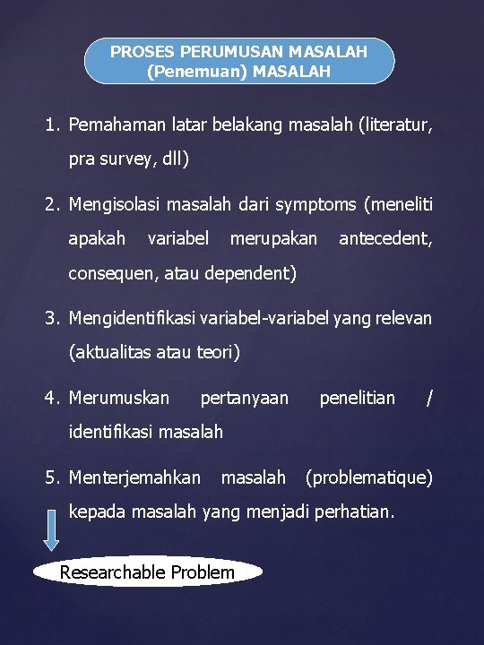 PROSES PERUMUSAN MASALAH (Penemuan) MASALAH 1. Pemahaman latar belakang masalah (literatur, pra survey, dll)