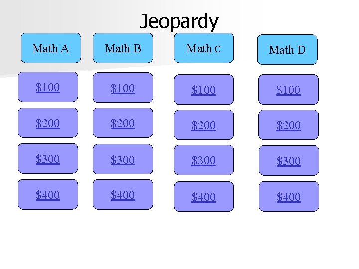 Jeopardy Math A Math B Math C Math D $100 $200 $300 $400 
