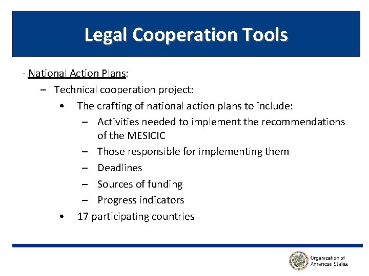 Legal Cooperation Tools - National Action Plans: – Technical cooperation project: • The crafting