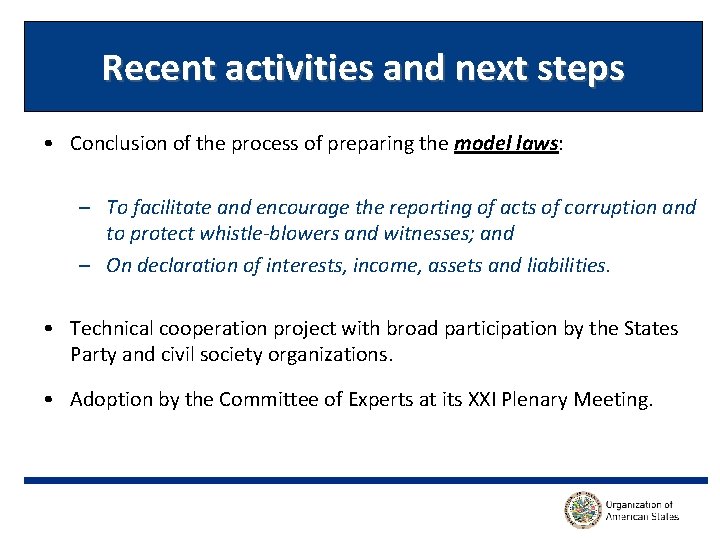 Recent activities and next steps • Conclusion of the process of preparing the model