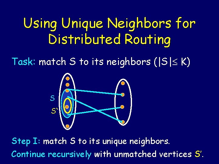 Using Unique Neighbors for Distributed Routing Task: match S to its neighbors (|S| K)