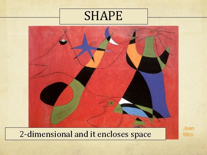 SHAPE 2 -dimensional and it encloses space Joan Miro SHAPE 2 -dimensional and it encloses space Joan Miro
