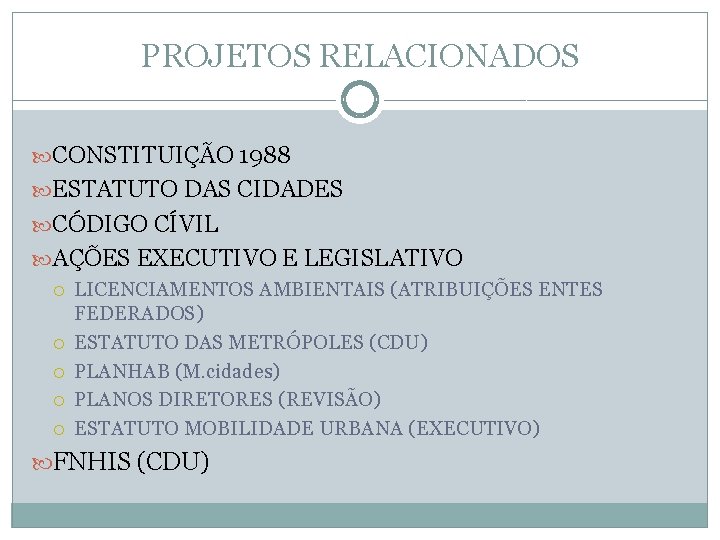 PROJETOS RELACIONADOS CONSTITUIÇÃO 1988 ESTATUTO DAS CIDADES CÓDIGO CÍVIL AÇÕES EXECUTIVO E LEGISLATIVO LICENCIAMENTOS