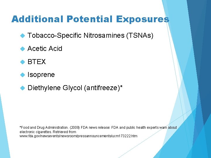 Additional Potential Exposures Tobacco-Specific Nitrosamines (TSNAs) Acetic Acid BTEX Isoprene Diethylene Glycol (antifreeze)* *Food