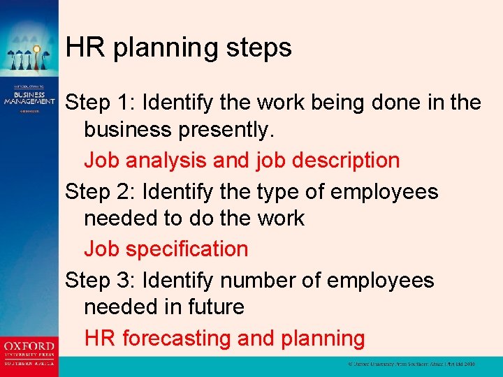 HR planning steps Step 1: Identify the work being done in the business presently.