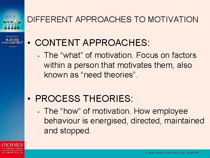 DIFFERENT APPROACHES TO MOTIVATION • CONTENT APPROACHES: • The “what” of motivation. Focus on
