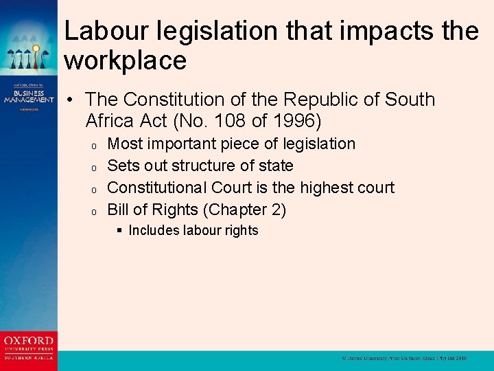 Labour legislation that impacts the workplace • The Constitution of the Republic of South