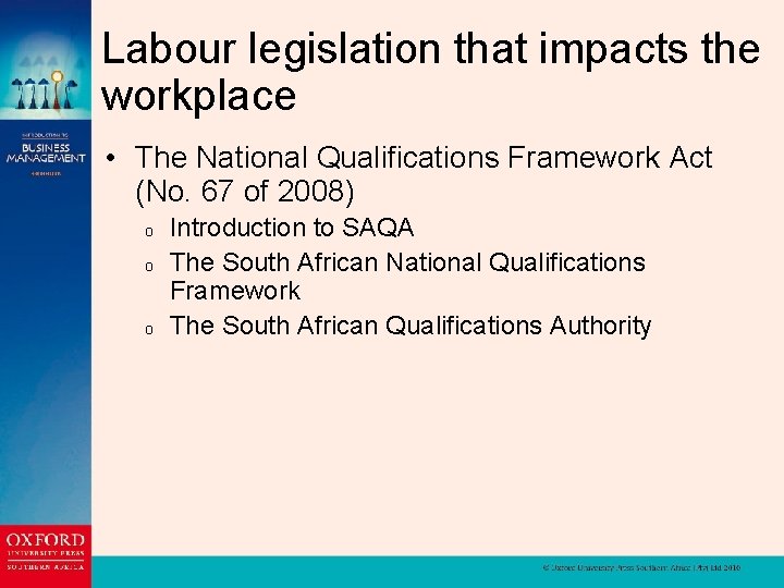 Labour legislation that impacts the workplace • The National Qualifications Framework Act (No. 67