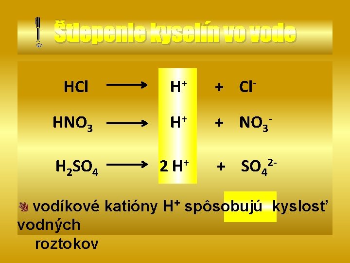 Štiepenie kyselín vo vode HCl H+ + Cl- HNO 3 H+ + NO 3