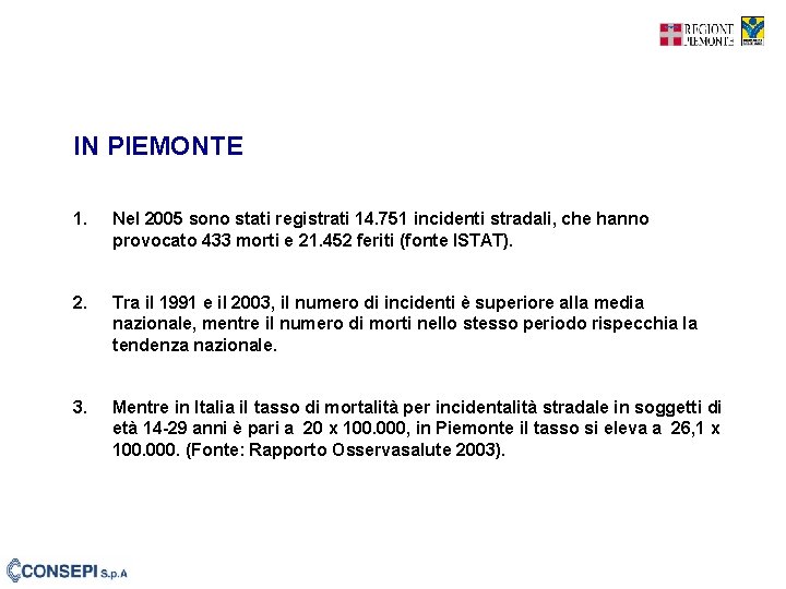 IN PIEMONTE 1. Nel 2005 sono stati registrati 14. 751 incidenti stradali, che hanno