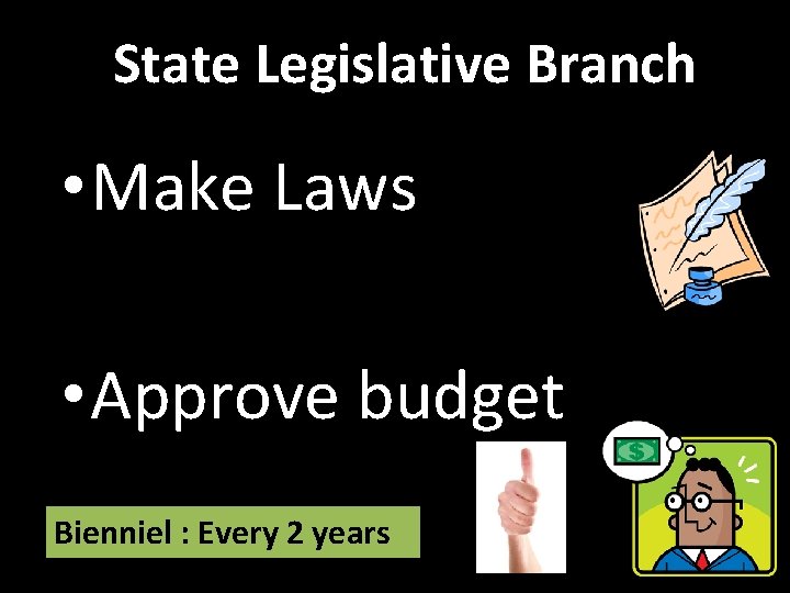 State Legislative Branch • Make Laws • Approve budget Bienniel : Every 2 years