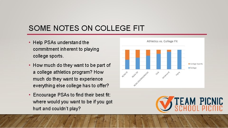 SOME NOTES ON COLLEGE FIT • Help PSAs understand the commitment inherent to playing