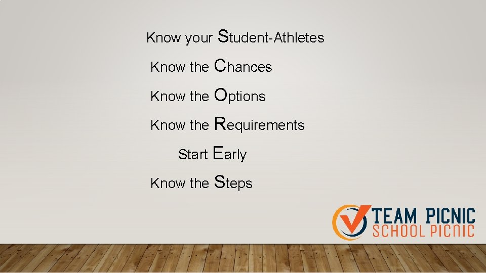 Know your Student-Athletes Know the Chances Know the Options Know the Requirements Start Early