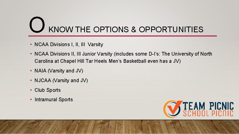 O KNOW THE OPTIONS & OPPORTUNITIES • NCAA Divisions I, III Varsity • NCAA