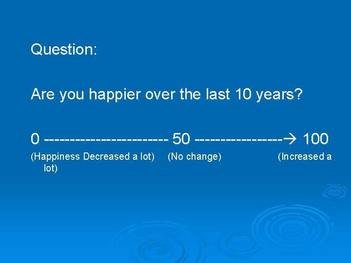 Question: Are you happier over the last 10 years? 0 ------------ 50 --------- 100