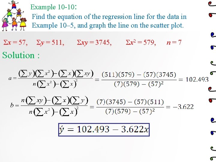 Example 10 -10: Find the equation of the regression line for the data in
