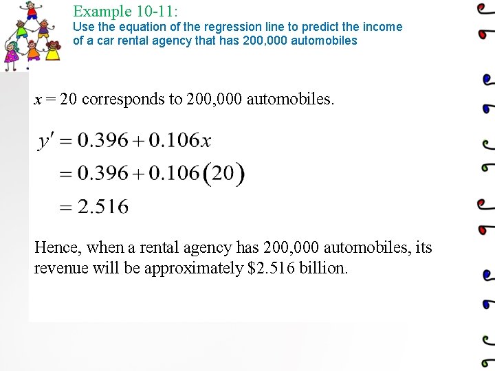 Example 10 -11: Use the equation of the regression line to predict the income