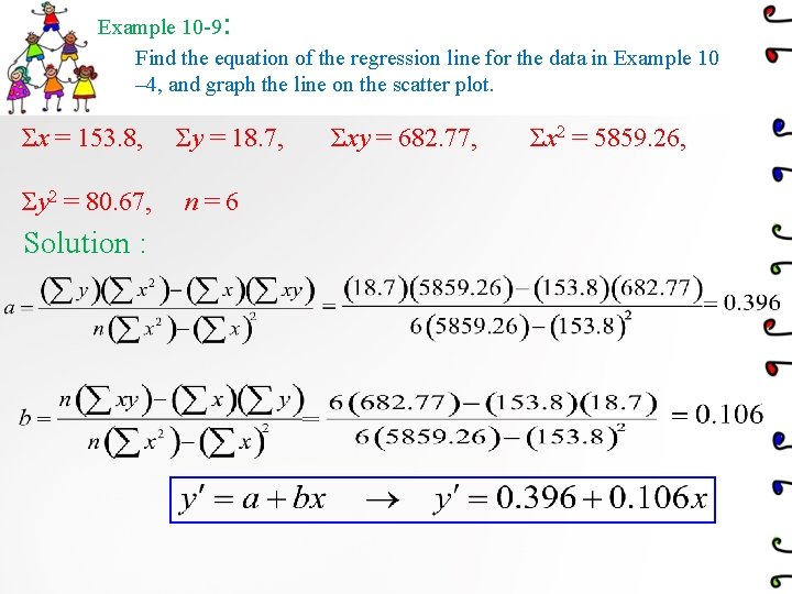 : Example 10 -9 Find the equation of the regression line for the data