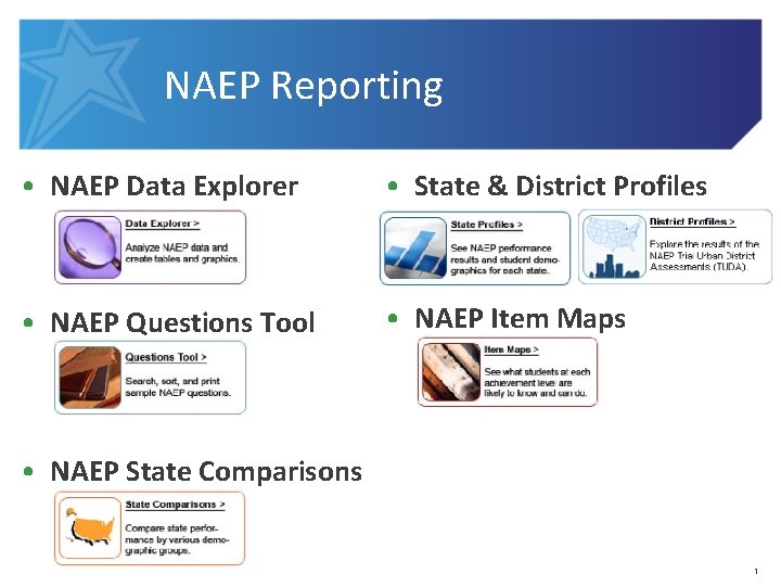 NAEP Reporting • NAEP Data Explorer • State & District Profiles • NAEP Questions