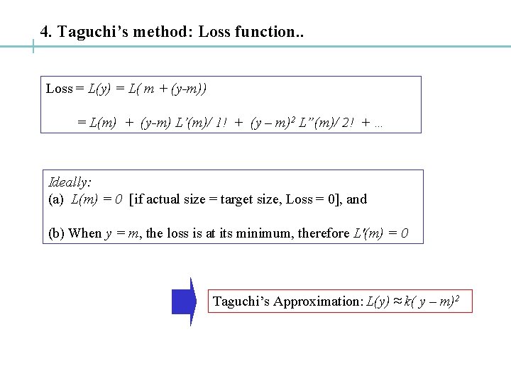4. Taguchi’s method: Loss function. . Loss = L(y) = L( m + (y-m))
