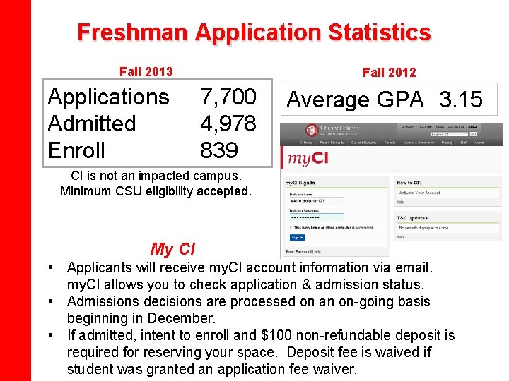Freshman Application Statistics Fall 2013 Applications Admitted Enroll Fall 2012 7, 700 4, 978