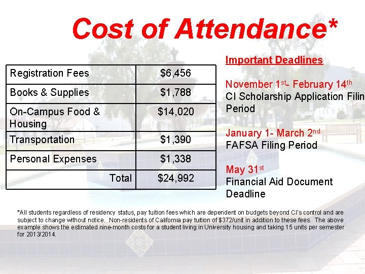 Cost of Attendance* Important Deadlines Registration Fees $6, 456 Books & Supplies $1, 788