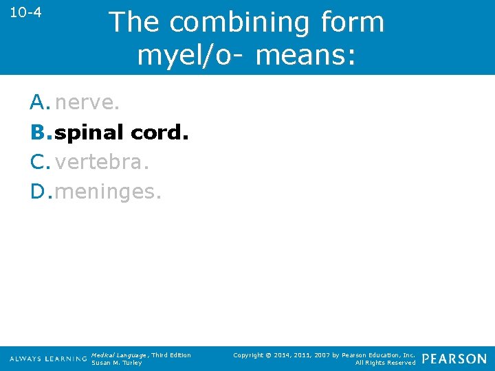 10 -4 The combining form myel/o- means: A. nerve. B. spinal cord. C. vertebra.