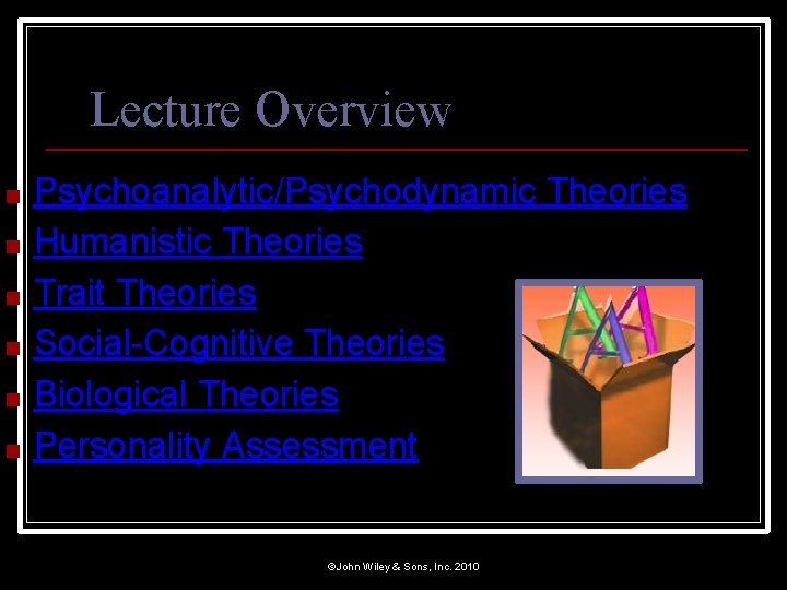 Lecture Overview ■ ■ ■ Psychoanalytic/Psychodynamic Theories Humanistic Theories Trait Theories Social-Cognitive Theories Biological