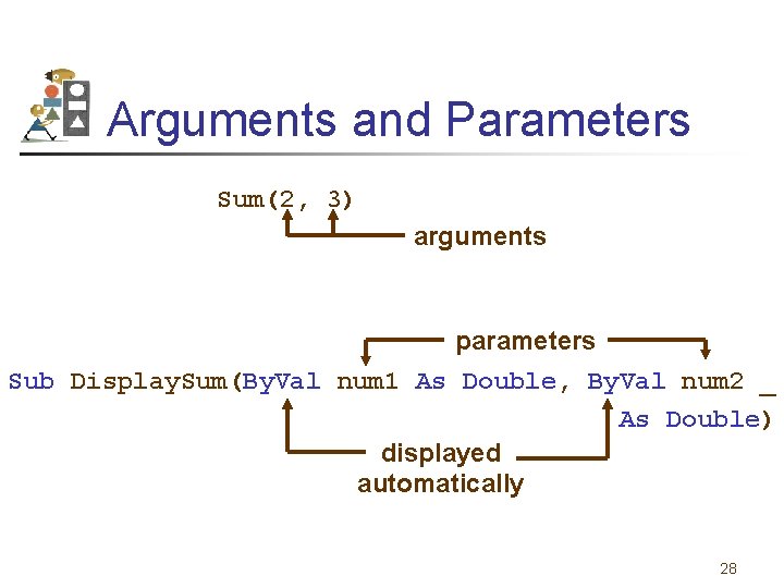 Arguments and Parameters Sum(2, 3) arguments parameters Sub Display. Sum(By. Val num 1 As