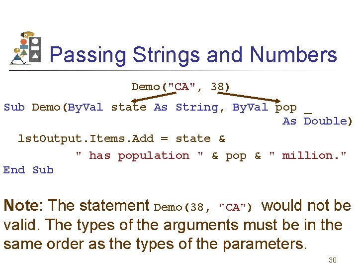 Passing Strings and Numbers Demo("CA", 38) Sub Demo(By. Val state As String, By. Val